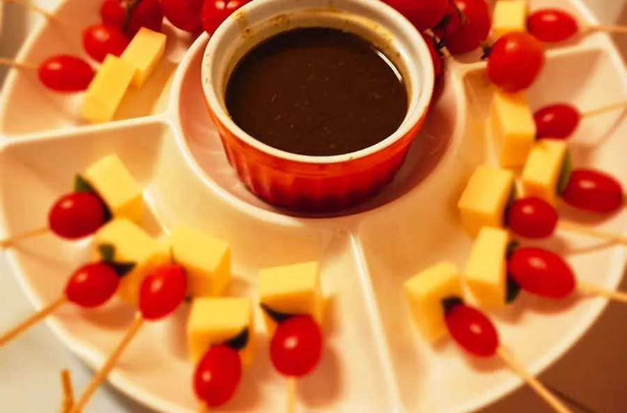Espetinho de tomate e queijo com molho